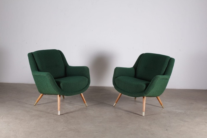fauteuils vintage atomiques 1950 tissus vert laiton 2