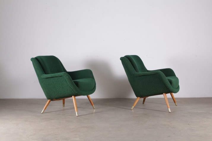 fauteuils vintage atomiques 1950 tissus vert laiton 4