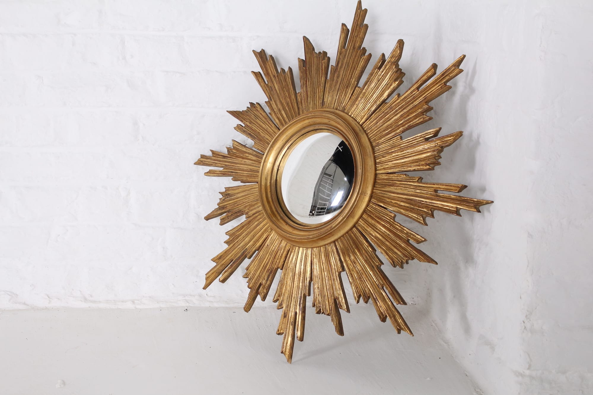 ② Ancien miroir soleil œil de sorcière métal — Antiquités