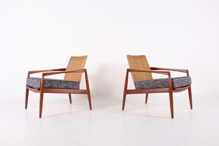 Paar scandinavische teak & rotan fauteuils