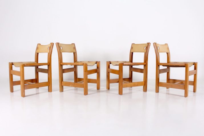 4 elm and leather chairs, Maison Regain