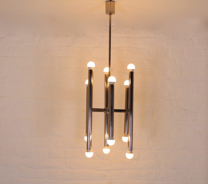 Double row chrome chandelier with 12 lights.