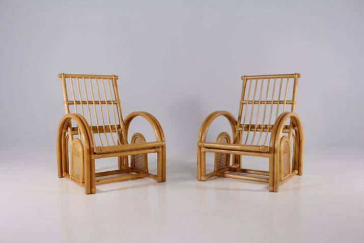 Paar bamboe en rieten fauteuils