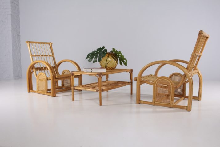 Paar bamboe en rieten fauteuils