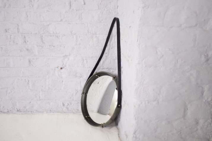 Miroir Convexe Suspendu Style Adnet Cuir LaitonIMG