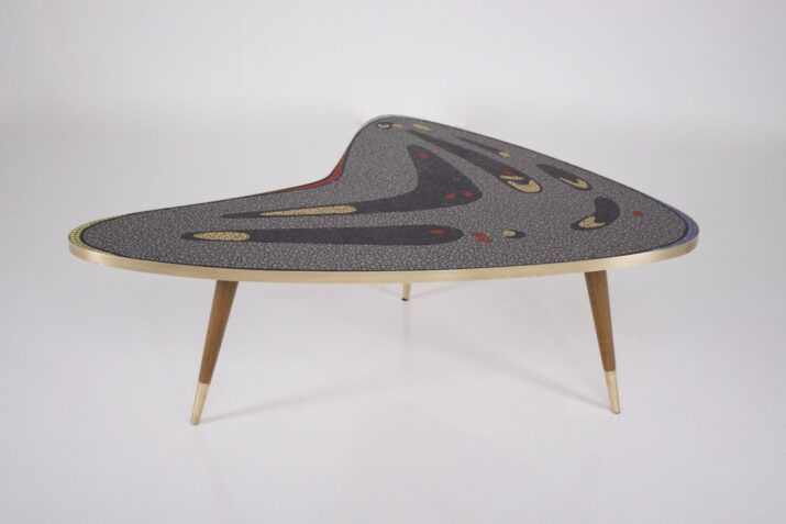 Boomerang tripod coffee table in mosaic and brass.