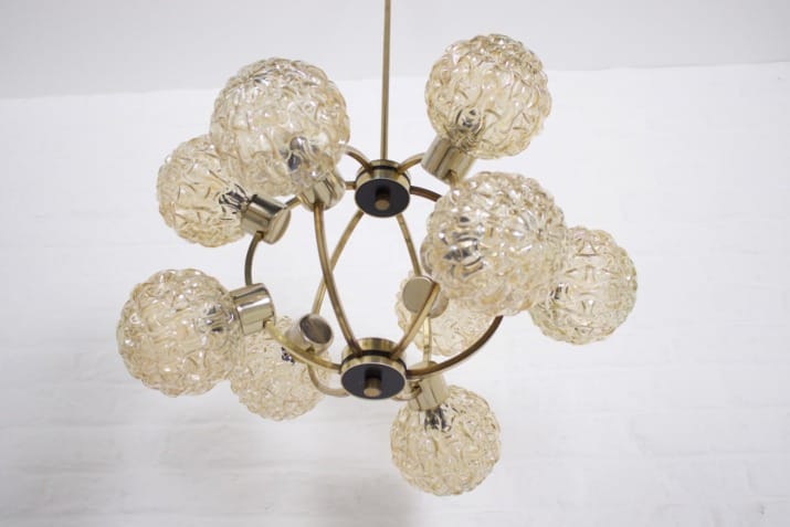 Chandelier with amber globes in the style of H. Tynell