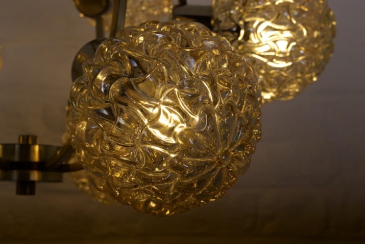Chandelier with amber globes in the style of H. Tynell