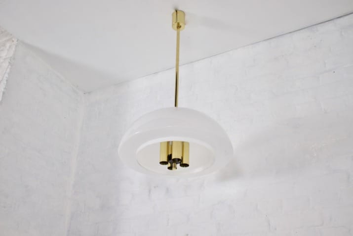 Brass and opaline suspension chandelier.